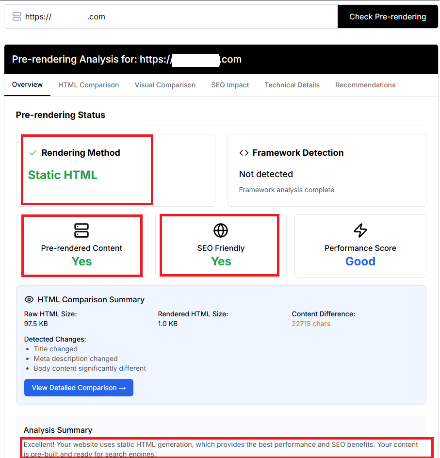 Pre-rendering analysis after conversion showing Static HTML, pre-rendered content, and SEO friendly